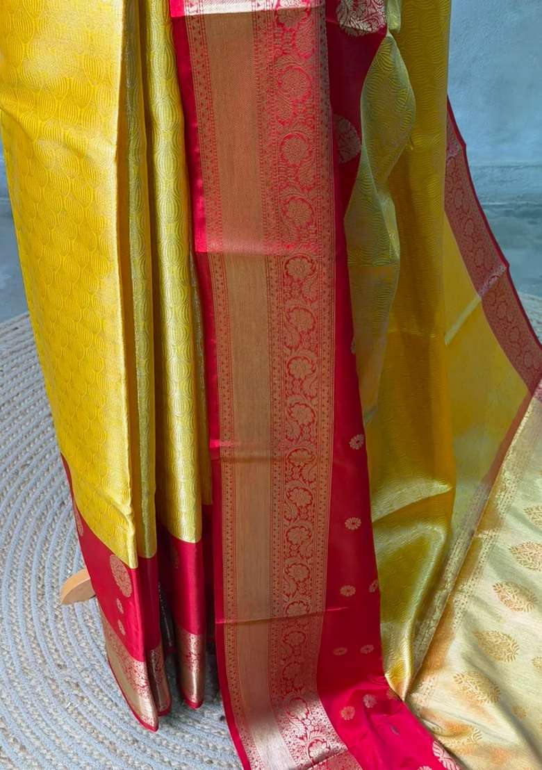 Yellow And Red Tissue Banarasi Silk Saree With Traditional Woven Design For Women - Indya