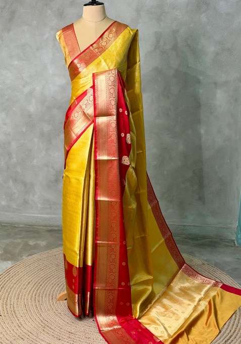 Yellow And Red Tissue Banarasi Silk Saree With Traditional Woven Design For Women