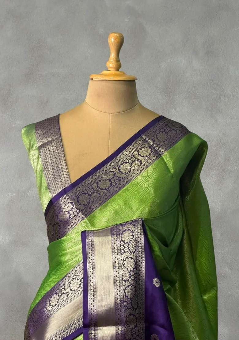Parrot Green And Blue Tissue Banarasi Silk Saree With Traditional Woven Design For Women - Indya