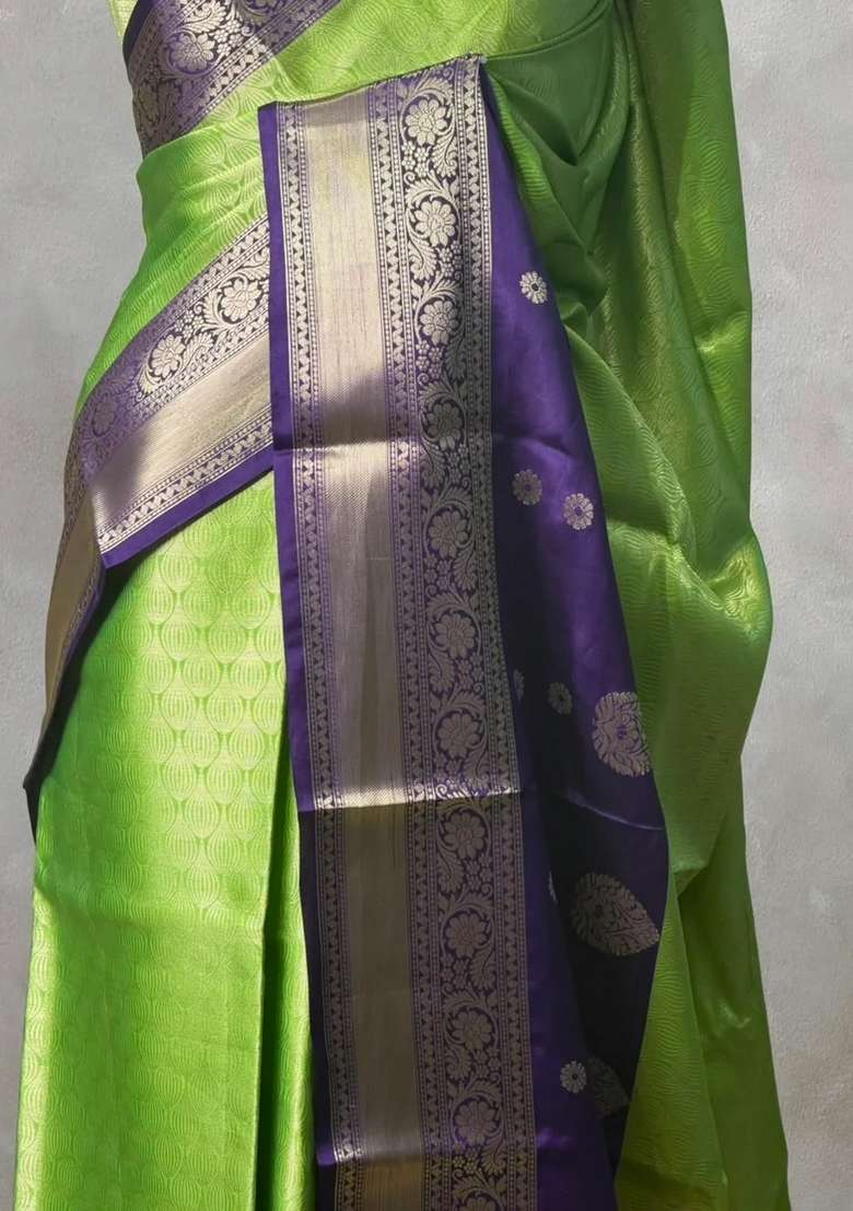Parrot Green And Blue Tissue Banarasi Silk Saree With Traditional Woven Design For Women - Indya