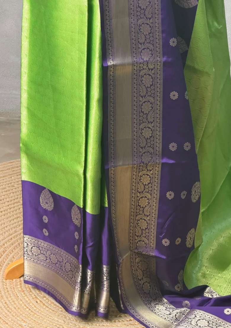 Parrot Green And Blue Tissue Banarasi Silk Saree With Traditional Woven Design For Women - Indya