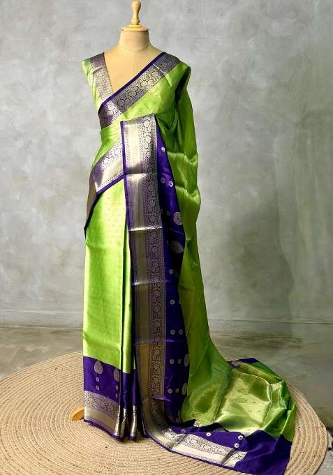 Parrot Green And Blue Tissue Banarasi Silk Saree With Traditional Woven Design For Women