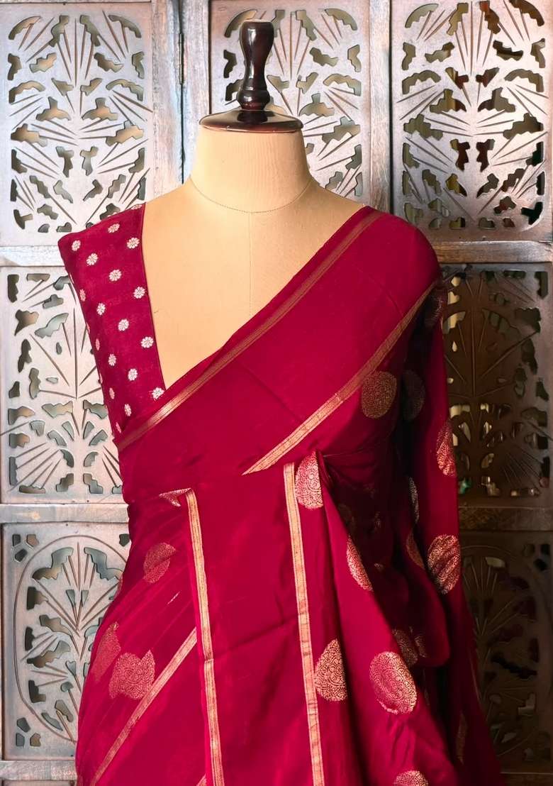 Deep Maroon Georgette Saree With Traditional Woven Design For Women - Indya