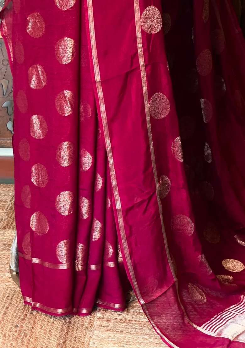 Deep Maroon Georgette Saree With Traditional Woven Design For Women - Indya