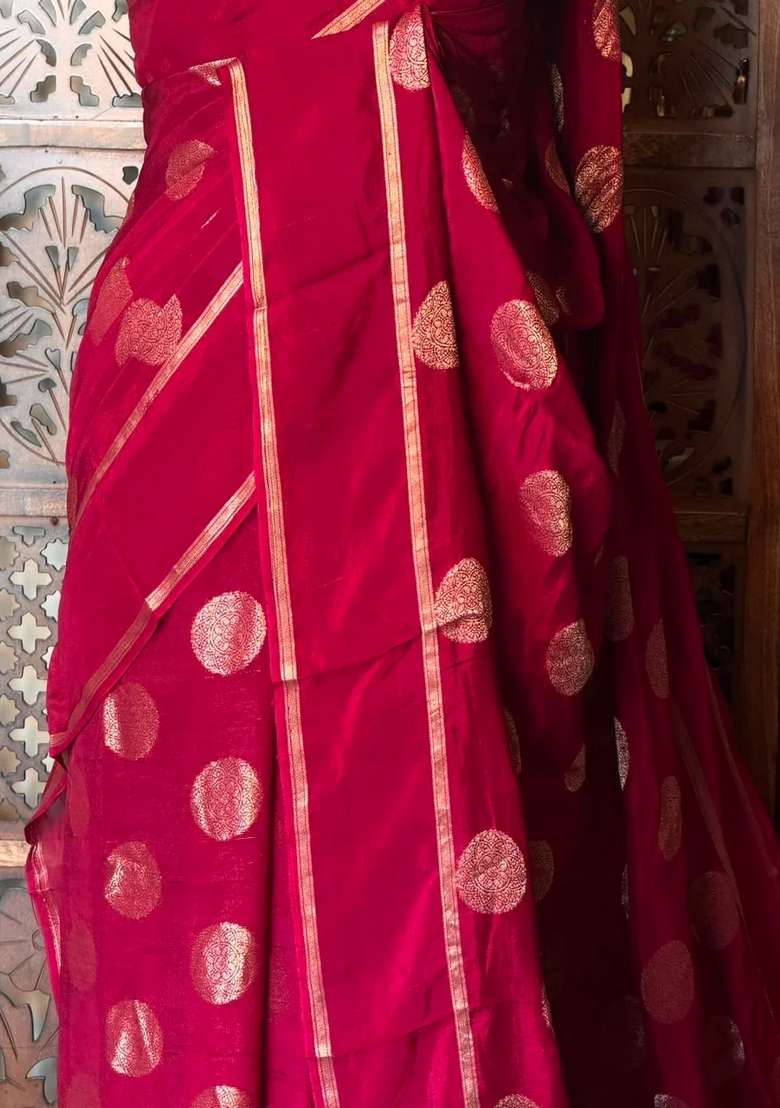 Deep Maroon Georgette Saree With Traditional Woven Design For Women - Indya