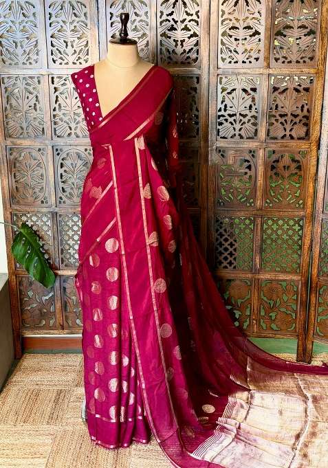 Deep Maroon Georgette Saree With Traditional Woven Design For Women