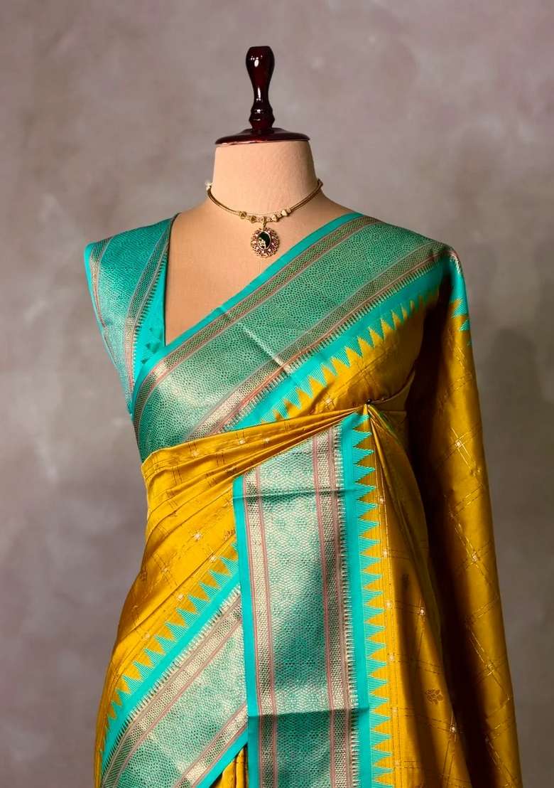 Golden Yellow And Aqua Blue Silk Saree With Traditional Woven Design For Women - Indya