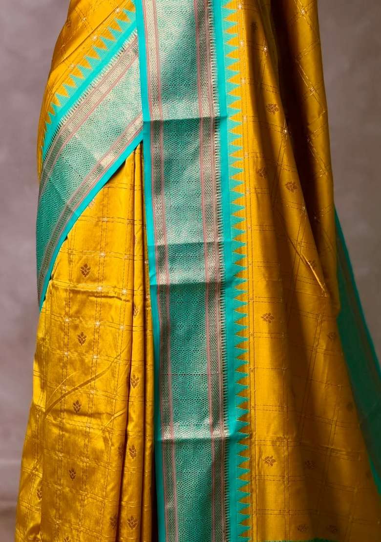 Golden Yellow And Aqua Blue Silk Saree With Traditional Woven Design For Women - Indya