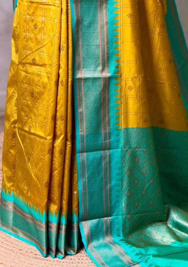 Golden Yellow And Aqua Blue Silk Saree With Traditional Woven Design For Women - Indya