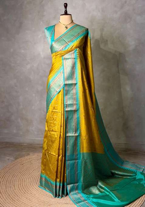 Golden Yellow And Aqua Blue Silk Saree With Traditional Woven Design For Women