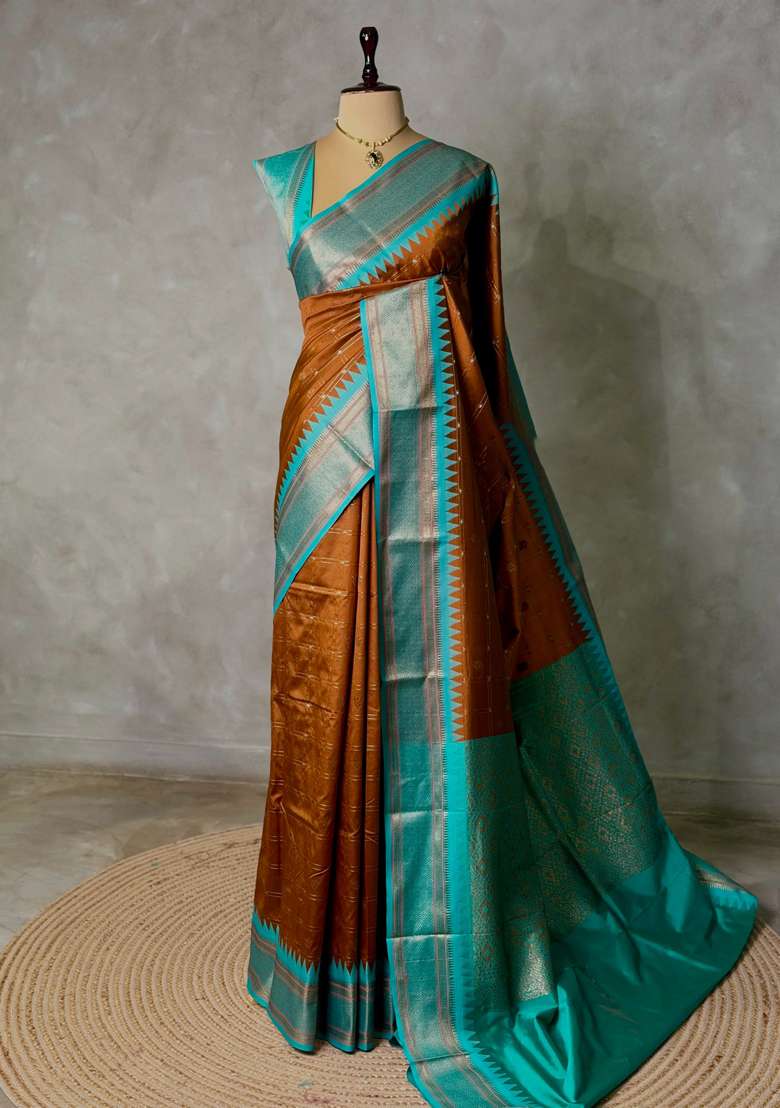 Brown And Aqua Blue Silk Saree With Traditional Woven Design For Women - Indya