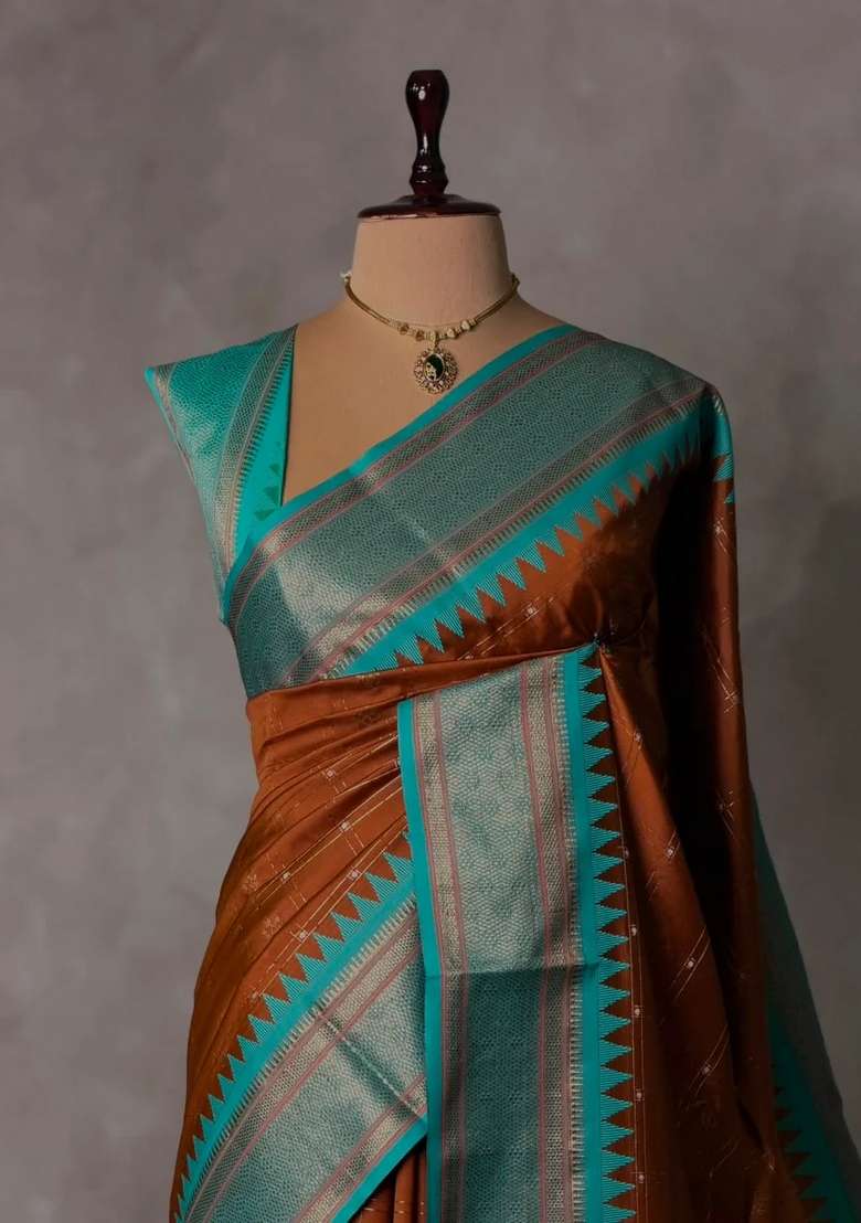 Brown And Aqua Blue Silk Saree With Traditional Woven Design For Women - Indya