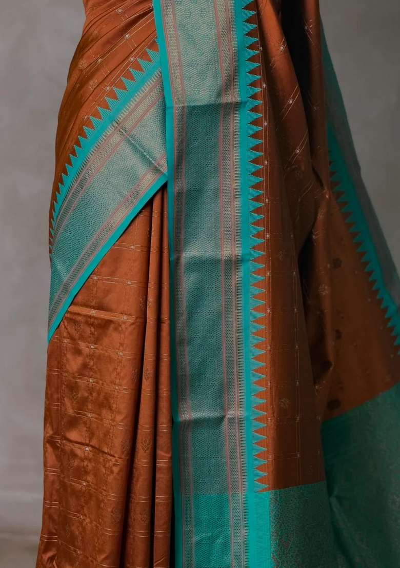 Brown And Aqua Blue Silk Saree With Traditional Woven Design For Women - Indya