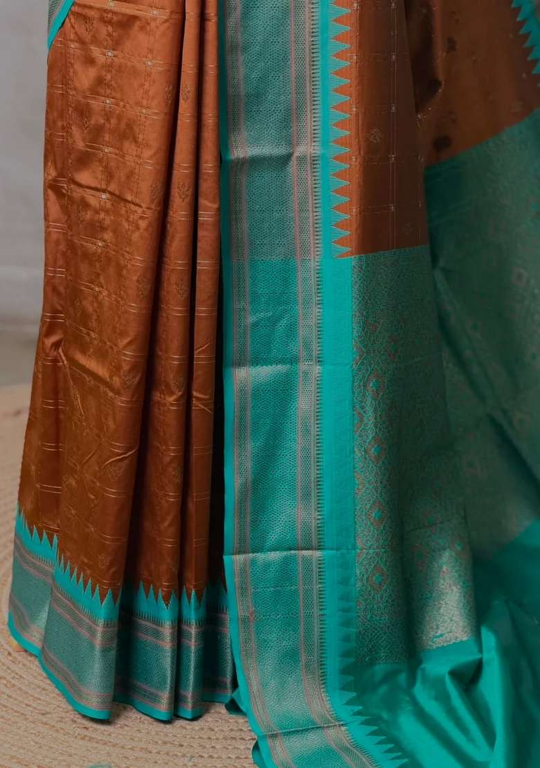 Brown And Aqua Blue Silk Saree With Traditional Woven Design For Women - Indya