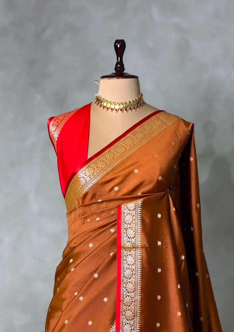 Light Brown And Red Silk Saree With Traditional Woven Design For Women - Indya