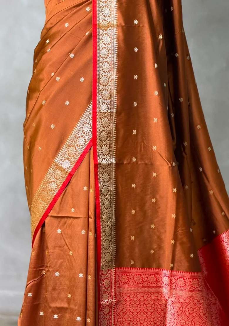 Light Brown And Red Silk Saree With Traditional Woven Design For Women - Indya