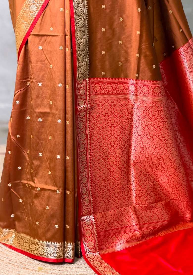 Light Brown And Red Silk Saree With Traditional Woven Design For Women - Indya