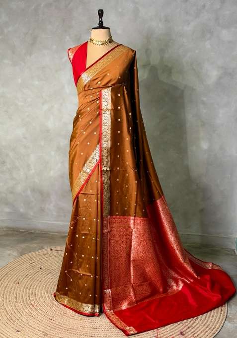 Light Brown And Red Silk Saree With Traditional Woven Design For Women