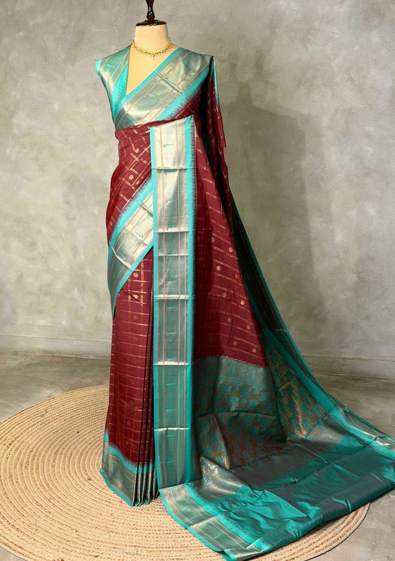 Dark Brown And Aqua Blue Silk Saree With Traditional Woven Design For Women - Indya