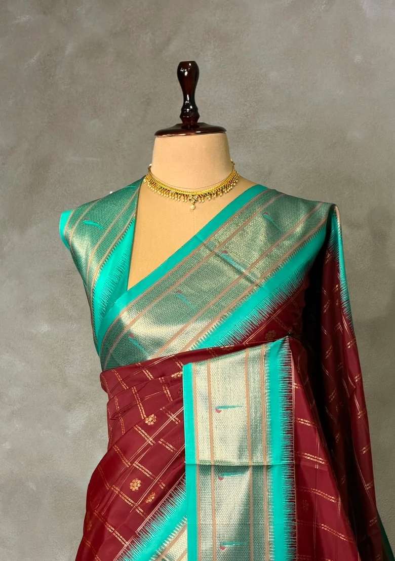 Dark Brown And Aqua Blue Silk Saree With Traditional Woven Design For Women - Indya