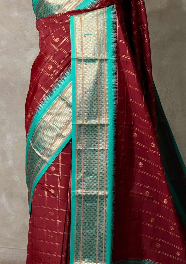 Dark Brown And Aqua Blue Silk Saree With Traditional Woven Design For Women - Indya