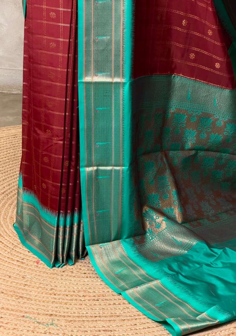 Dark Brown And Aqua Blue Silk Saree With Traditional Woven Design For Women - Indya