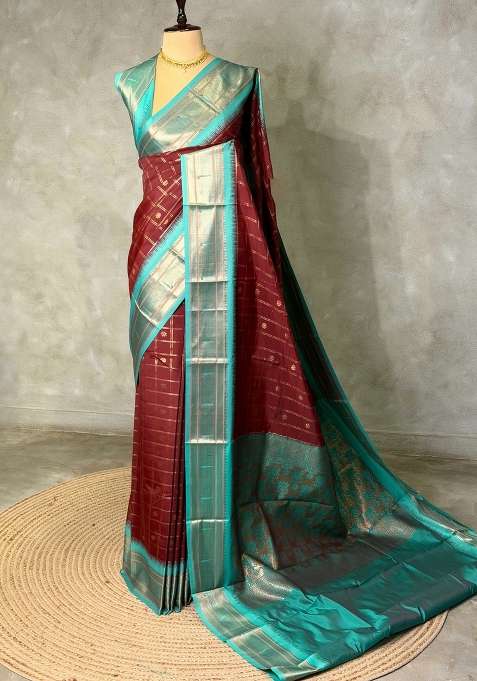 Dark Brown And Aqua Blue Silk Saree With Traditional Woven Design For Women