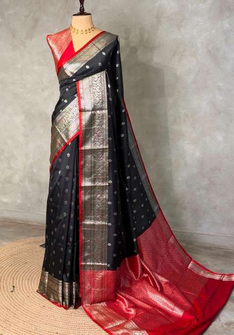 Black And Red Silk Saree With Traditional Woven Design For Women