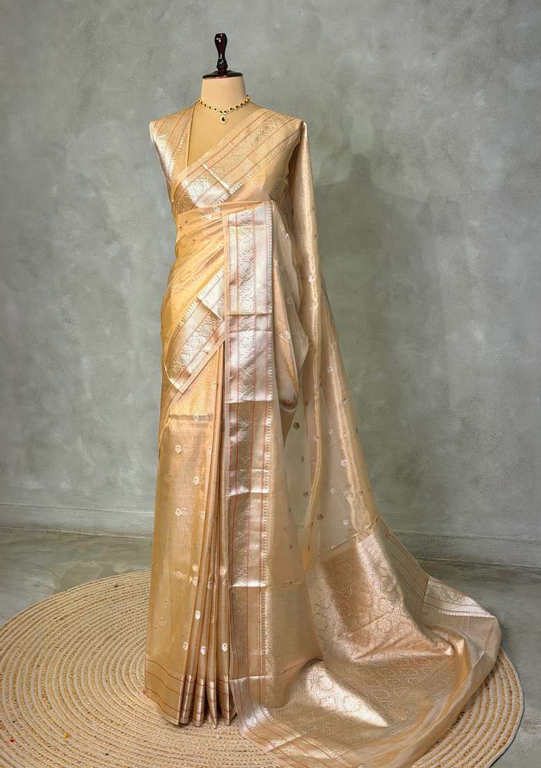 Gold Soft Tissue Silk Saree With Traditional Woven Design For Women - Indya