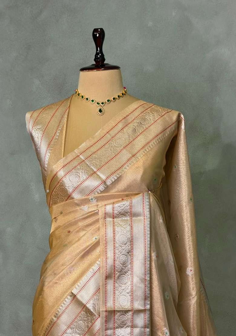Gold Soft Tissue Silk Saree With Traditional Woven Design For Women - Indya