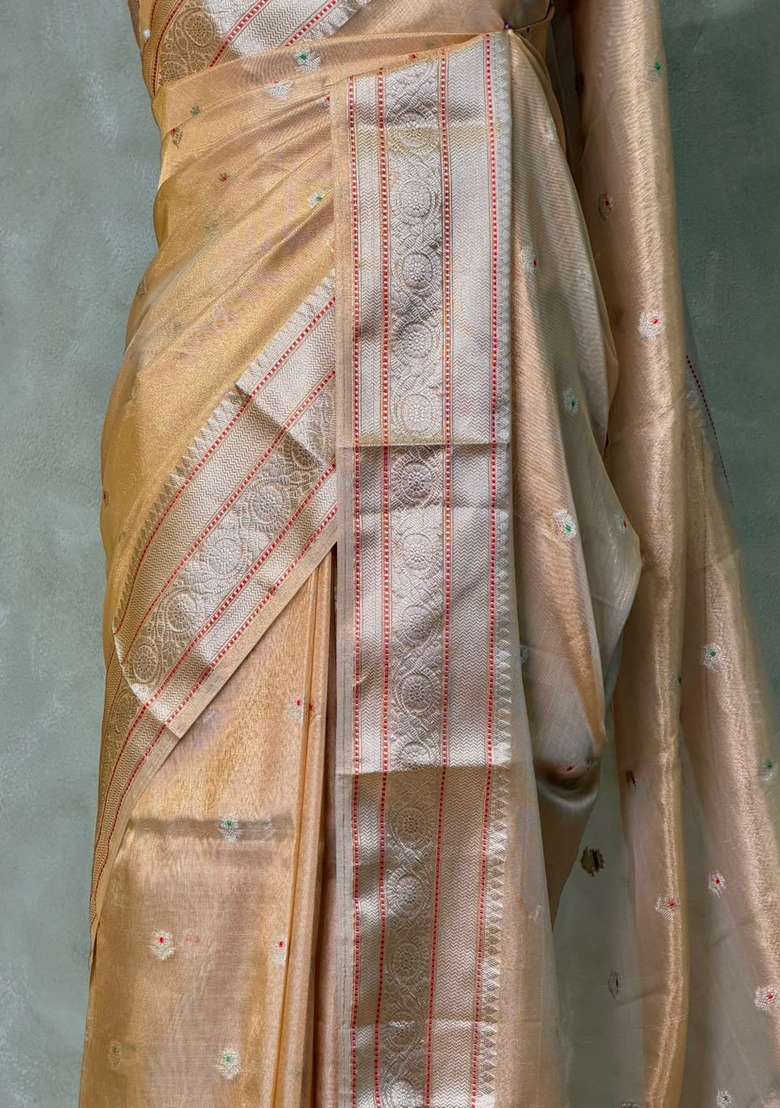 Gold Soft Tissue Silk Saree With Traditional Woven Design For Women - Indya