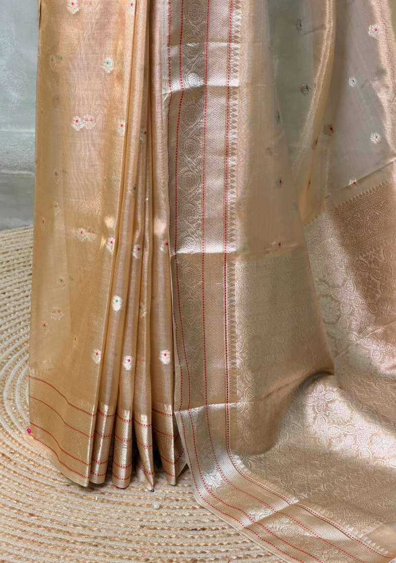 Gold Soft Tissue Silk Saree With Traditional Woven Design For Women - Indya