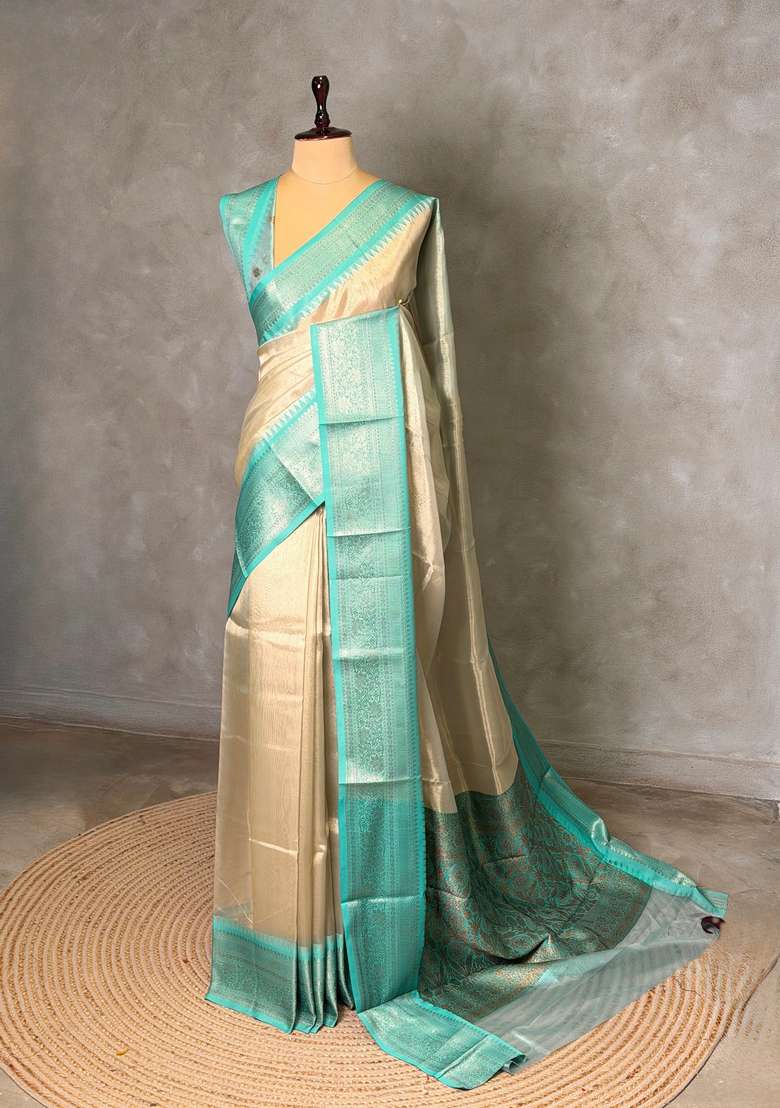 Gold Soft Tissue Silk Saree With Traditional Woven Design For Women - Indya