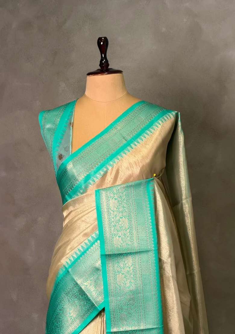 Gold Soft Tissue Silk Saree With Traditional Woven Design For Women - Indya