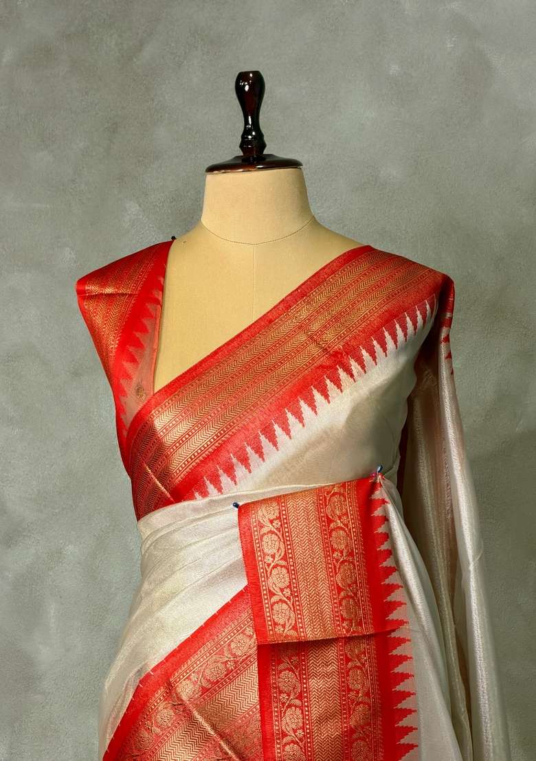 Gold Soft Tissue Silk Saree With Traditional Woven Design For Women - Indya