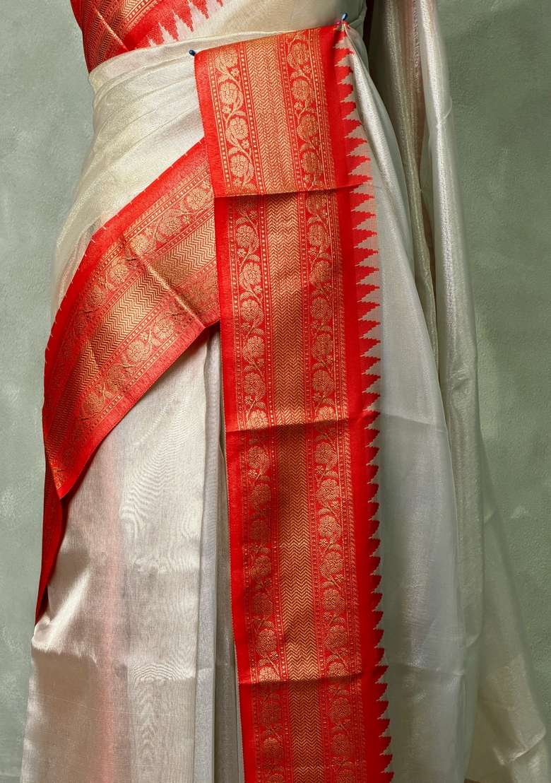 Gold Soft Tissue Silk Saree With Traditional Woven Design For Women - Indya