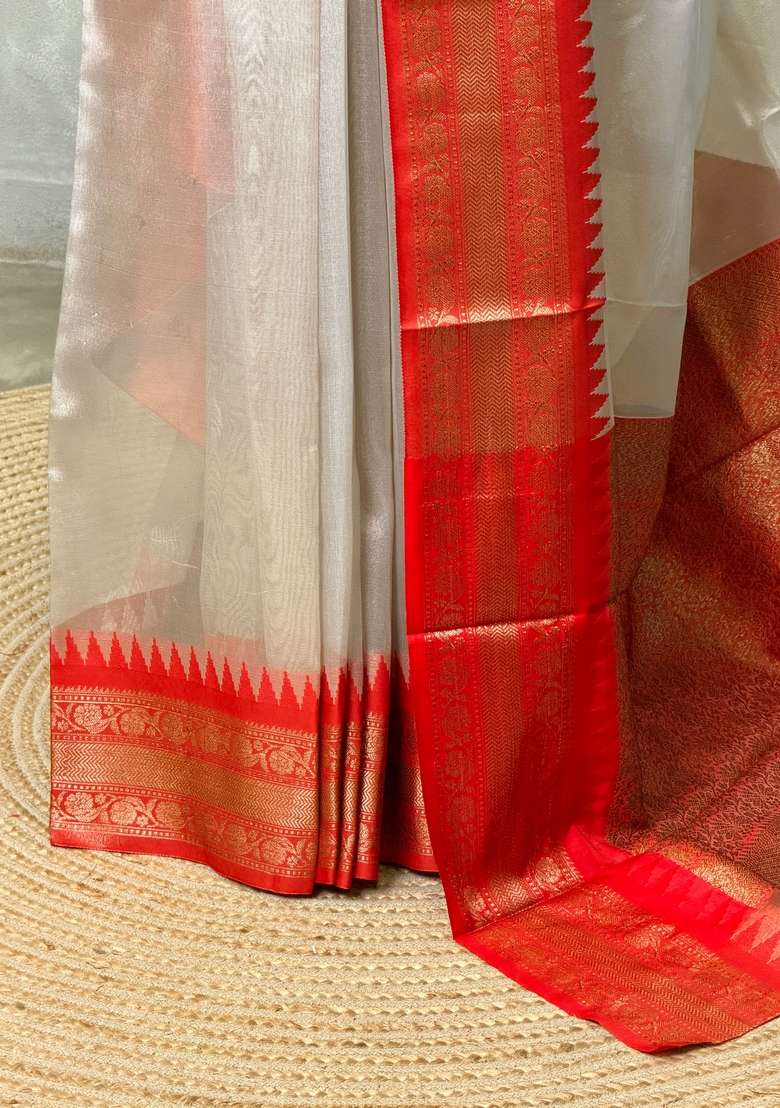 Gold Soft Tissue Silk Saree With Traditional Woven Design For Women - Indya