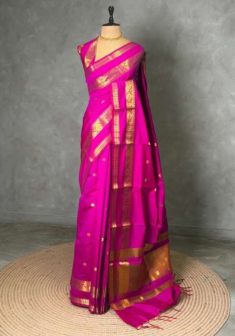 Magenta Banarasi Silk Saree With Traditional Woven Design For Women