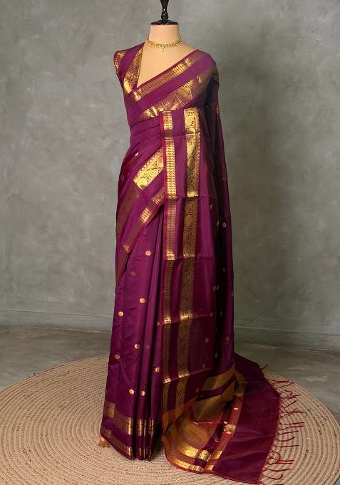 Deep Wine Banarasi Silk Saree With Traditional Woven Design For Women