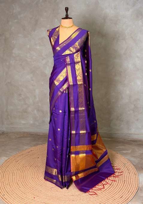 Violet Banarasi Silk Saree With Traditional Woven Design For Women