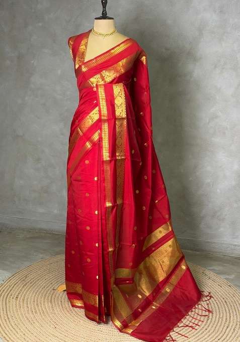 Red Banarasi Silk Saree With Traditional Woven Design For Women