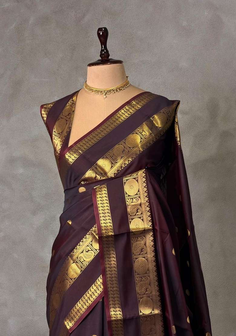Brown Banarasi Silk Saree With Traditional Woven Design For Women - Indya