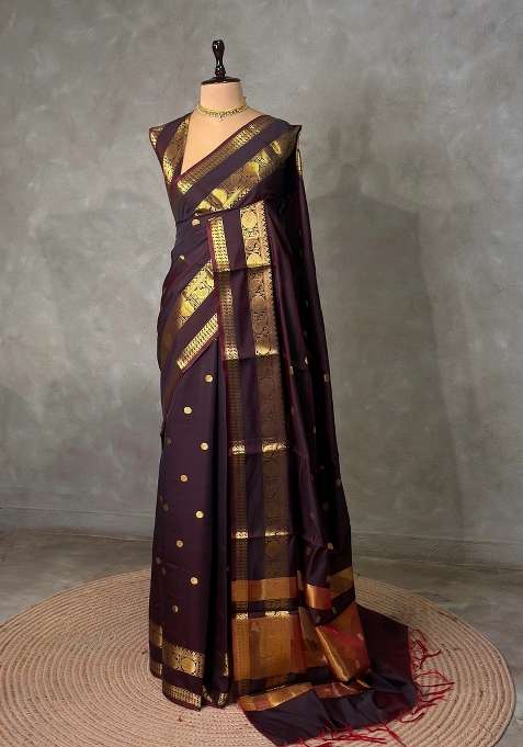 Brown Banarasi Silk Saree With Traditional Woven Design For Women