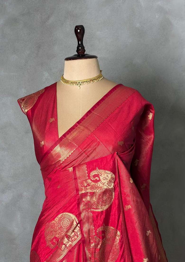 Maroon Red Soft Semi Tusser Silk Tussar Saree With Traditional Woven Design For Women - Indya