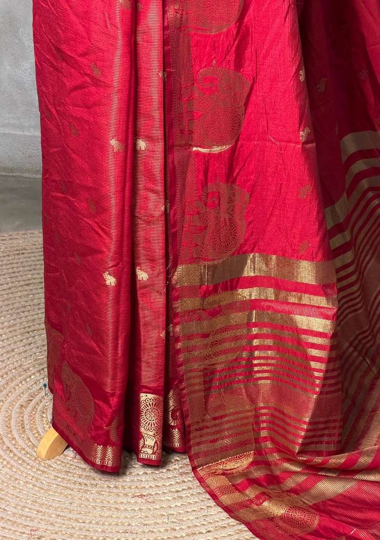Maroon Red Soft Semi Tusser Silk Tussar Saree With Traditional Woven Design For Women - Indya