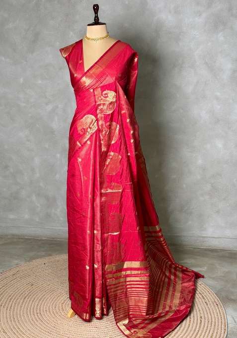 Maroon Red Soft Semi Tusser Silk Tussar Saree With Traditional Woven Design For Women