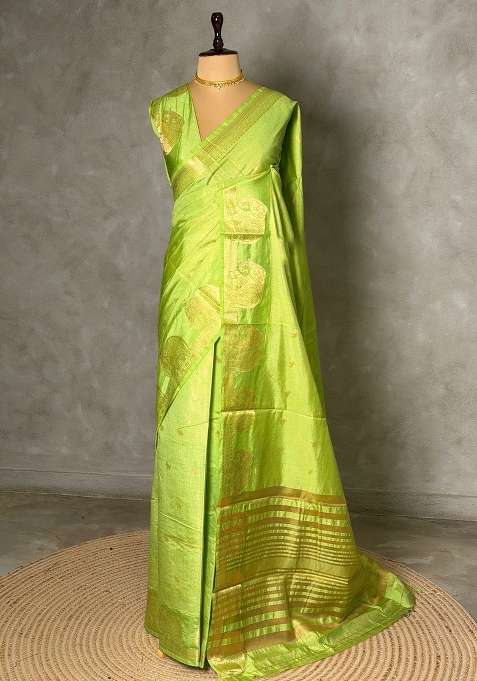 Parrot Green Soft Semi Tusser Silk Tussar Saree With Traditional Woven Design For Women