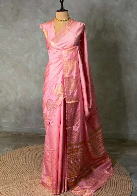 Pink Soft Semi Tusser Silk Tussar Saree With Traditional Woven Design For Women