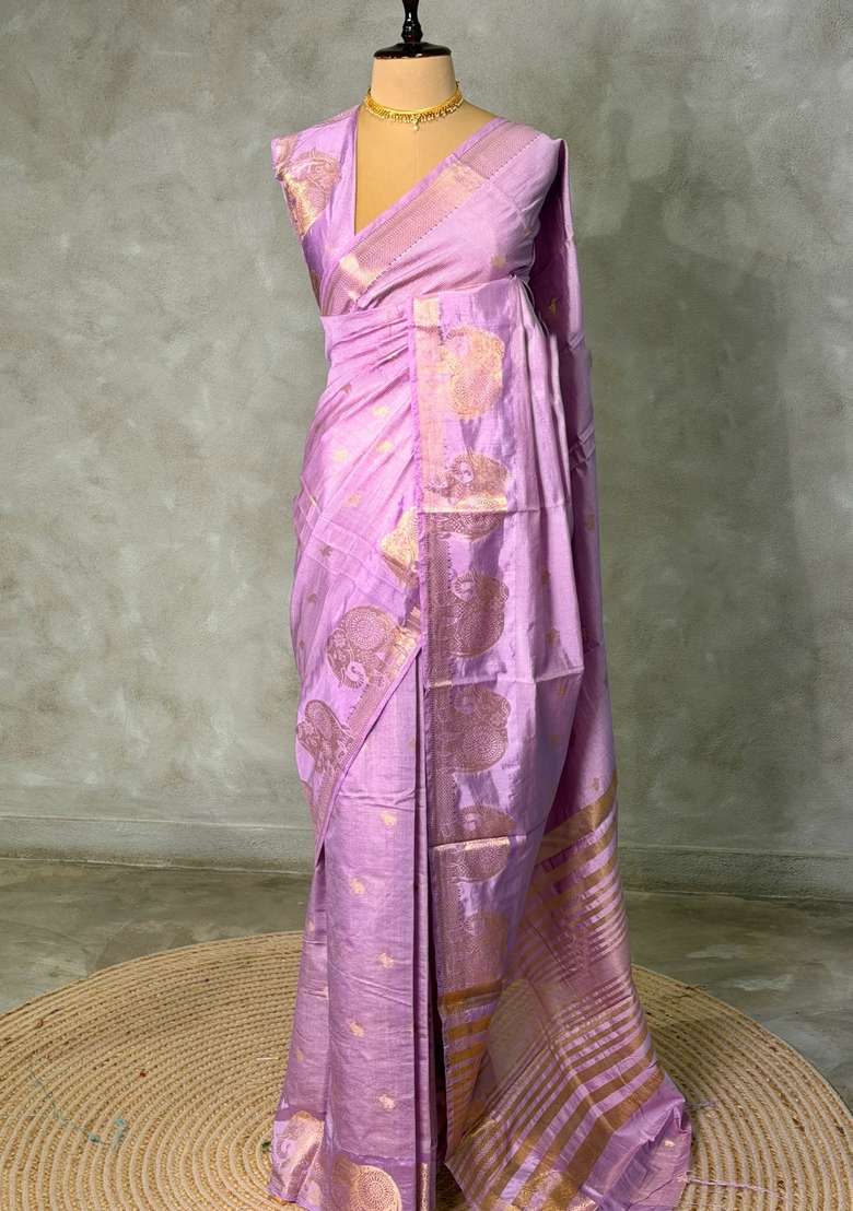 Lilac Pink Soft Semi Tusser Silk Tussar Saree With Traditional Woven Design For Women - Indya