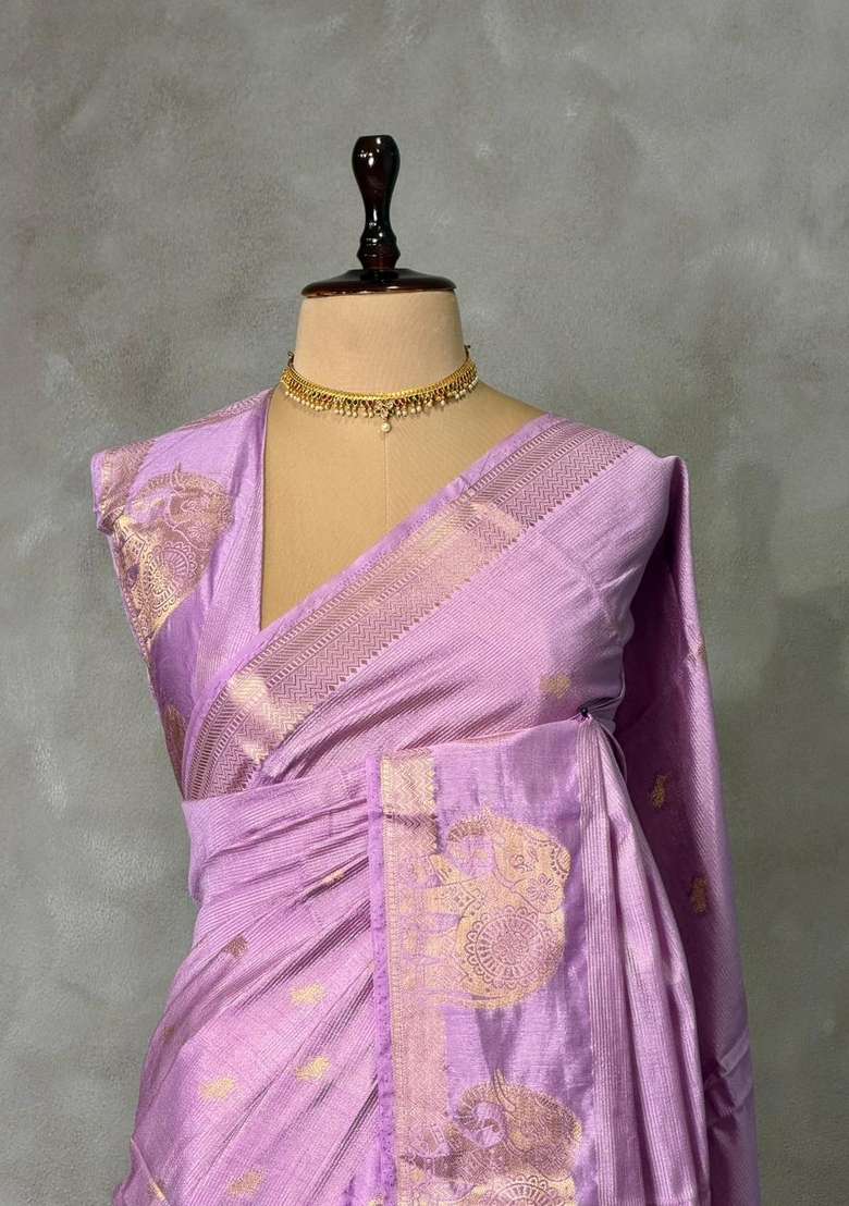 Lilac Pink Soft Semi Tusser Silk Tussar Saree With Traditional Woven Design For Women - Indya